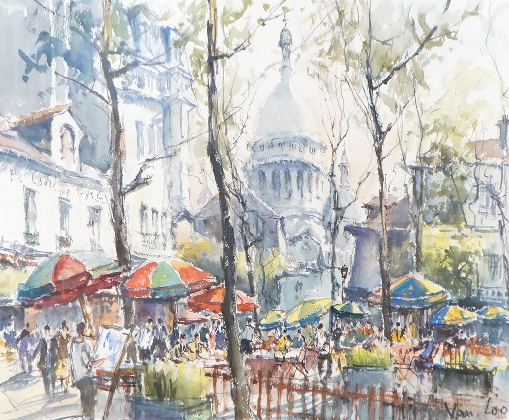 Van Loo, 'Paris, Place du Tertre', watercolour, signed, 34 x 40cm
